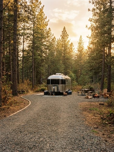 Wide-angle eye-level shot of a clean gravel RV slip buffered by tall native pine trees under a warm golden hour sky, 35mm film texture.