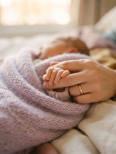 Close-up detail of a parent's hand gently cradling a baby's tiny hand, wrapped in a soft lilac knitted blanket, warm diffused golden-hour window light, shallow depth of field, 35mm film