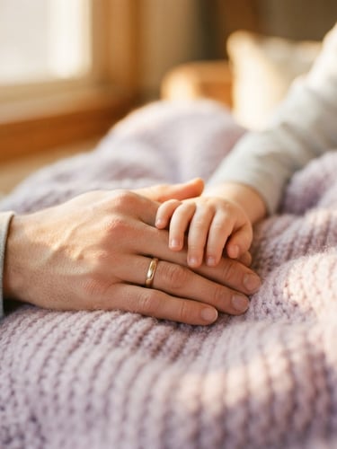 Close-up of a parent holding a child's hand gently, soft lavender knitted blanket, warm golden-hour window light, shallow depth of field, 35mm film.