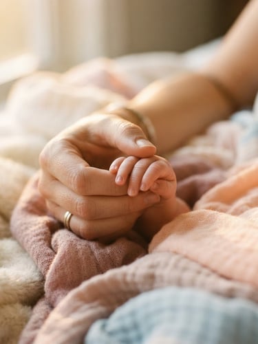 Intimate macro shot of a parent's hand gently holding a baby's tiny hand, warm golden-hour window light, soft pastel blankets, shallow depth of field