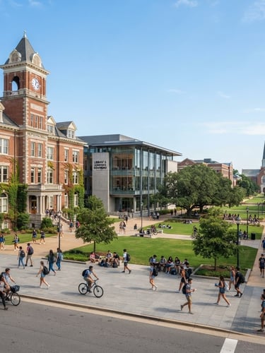 Bright natural daylight, wide environmental shot of a modern university campus with historic brick architecture, crisp editorial photography, 35mm lens.