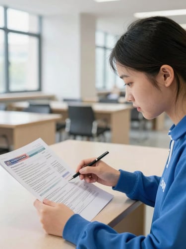 A focused student reviewing visa documents in a bright, modern university library, 35mm lens, natural daylight.