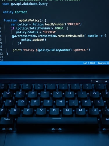 Macro overhead shot of a clean code editor displaying Gosu code, cool blue screen-glow illuminating dark mechanical keyboard keys, sharp technical blueprint aesthetic, 50mm focus