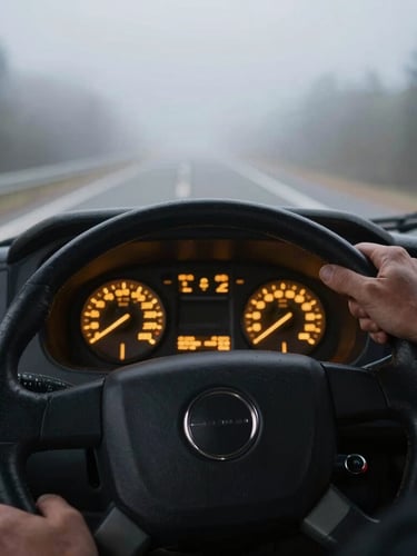 Close-up of a truck driver hands on a steering wheel, dashboard instruments glowing warm gold in the early morning mist, high contrast