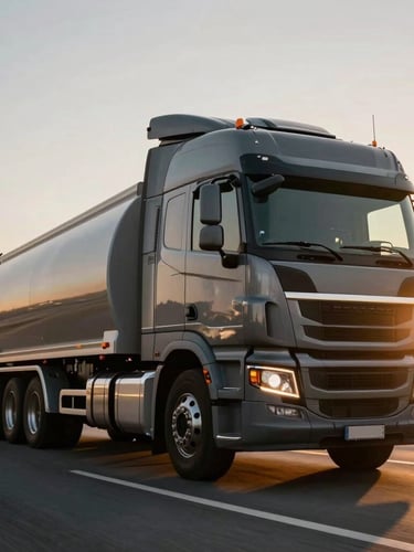 Low-angle heroic shot of a modern heavy-duty dry van truck speeding on a highway at golden hour, dramatic morning glare, deep steel gray cabin, warm gold sunlight reflecting off the chrome, cinematic 35mm lens photography.