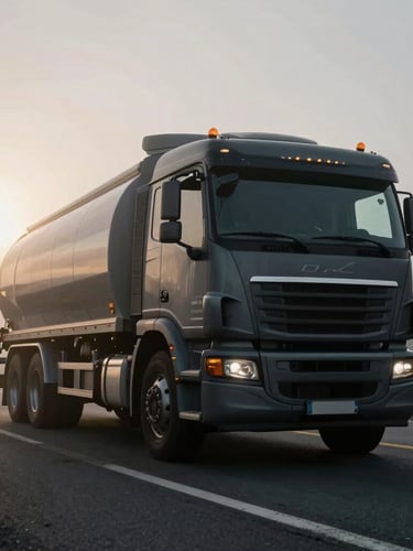 Low-angle heroic shot of a heavy-duty dry van truck on a misty highway, dramatic morning glare, deep steel gray tones, high contrast, 35mm lens