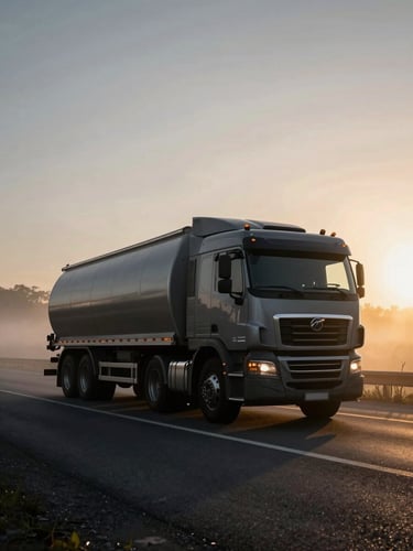 Low-angle heroic shot of a heavy-duty dry van truck on a highway at dawn, early morning mist, gold highway glare, high contrast, 35mm lens