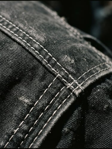 Gritty close-up detail of reinforced double-stitching on heavy black canvas fabric, harsh direct sunlight with sharp contrast shadows, gritty streetwear photography, 35mm film