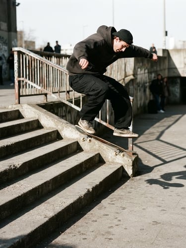 Low-angle gritty 35mm film shot of a skater performing a trick over concrete stairs, harsh direct sunlight, long dark shadows, wearing loose fit black pants