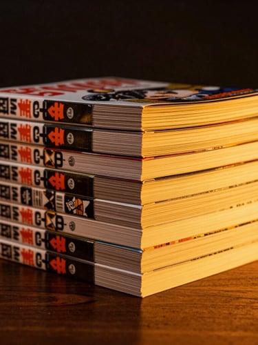 Close-up of physical manga volumes stacked on a dark wood table, warm golden light hitting the pages, cinematic shadows, 35mm