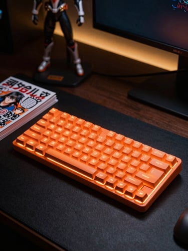 Clean dark desk setup with a glowing orange keyboard, open manga volume, and a high-end action figure in the background, moody lighting, 35mm