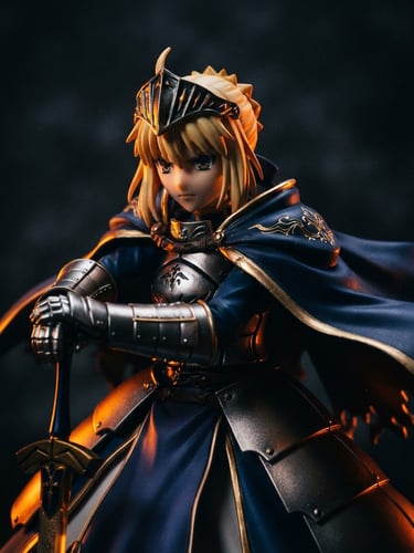 Dramatic low-key close-up of a premium anime action figure with vibrant orange and gold rim lights, dark charcoal background, high contrast, 35mm