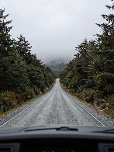 Wide panoramic view from inside a truck cab looking out at a straight gravel road cutting through dense Patagonian forest under heavy overcast skies, southern Chile, the road disappearing into mist, dashboard edge visible in the foreground left, no signage, documentation feel