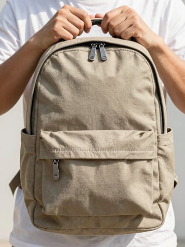 A close-up portrait of hands holding a durable canvas utility backpack under bright natural daylight, showing the reinforced stitching and heavy-duty metal zippers, sharp focus.