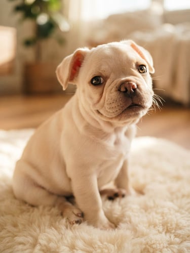 A close-up portrait of a healthy, happy French Bulldog puppy sitting on a soft cream rug, natural window light, shallow depth of field, warm editorial style