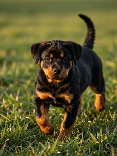 A golden hour outdoor shot of a young Rottweiler puppy playing gently on lush green grass, eye-level angle, soft natural lighting