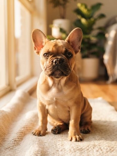 Eye-level warm editorial photo of a healthy French Bulldog puppy sitting on a soft cream rug by a sunlit window, shallow depth of field, natural morning light, 35mm.