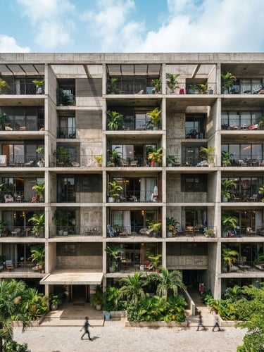 Wide-angle architectural shot of a modern Lagos concrete residential facade, bright natural tropical daylight, sharp structural lines, 35mm photography