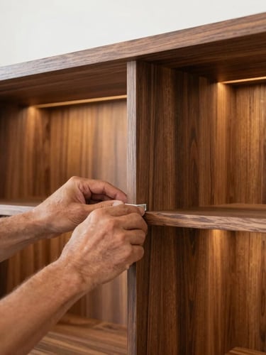 Architectural photography, close-up of a master craftsman hand-aligning a custom dark timber cabinet joint, warm interior accent lighting, rich saturated wood tones.