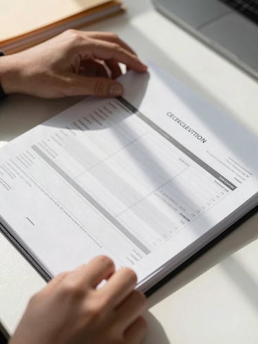Close-up of hands turning the pages of a bound financial audit report on a clean desk surface, daylight from a window casting sharp parallel shadows across the document, organized stack of folders visible at the far edge of the frame