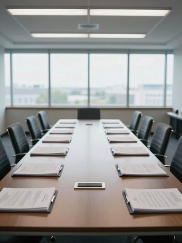 Wide-angle view of an empty conference room in daylight, long table with neatly arranged folders and printed documents, cool natural light from floor-to-ceiling windows, institutional and precise