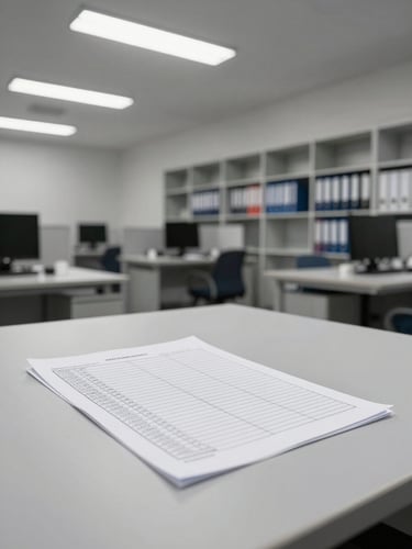 Wide shot of an empty professional workspace, a single open spreadsheet printout pinned flat on a large light-grey desk, fluorescent office light overhead, architectural clean lines of shelving with orderly binders in the background, no people