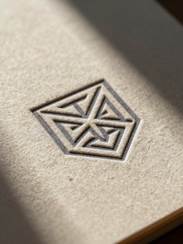 Extreme close-up of textured heavy-weight cotton paper stock with a debossed geometric studio emblem under harsh, high-contrast desert sunlight casting deep shadows.