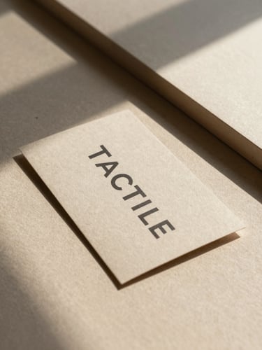 Tactile brand collateral mockup on textured oat-beige paper stock, casting sharp architectural shadows under harsh desert sunlight.