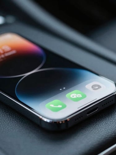 Close-up of a modern smartphone resting on a leather car dashboard, screen glowing with an incoming call notification, shallow depth of field, cool daylight