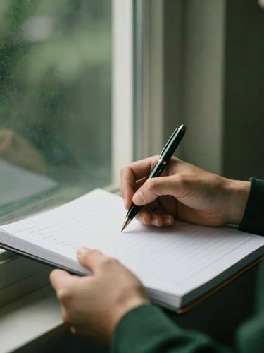 Professional portrait orientation photo of hands holding a pen over a clean ledger, natural window light, deep forest green and soft gold accents, shallow depth of field, 35mm, subject centered.