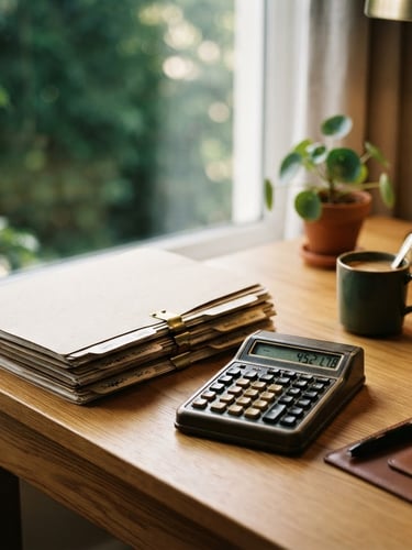Professional desk workspace with neat files and a calculator, natural window light, shallow depth of field, 35mm