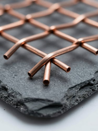 Extreme macro photograph of laminated woven copper wire mesh, cool diffused laboratory lighting, metallic steel and copper tones, sharp focus.