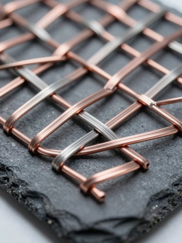 Extreme macro detail of laminated woven copper wire mesh, cool diffused laboratory light, slate and steel tones, sharp focus