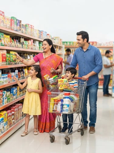 Vibrant Indian family shopping happily in a brightly lit supermarket aisle, diverse products visible in the background, wide shot, high-key studio lighting, no text on image.