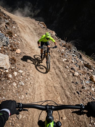 Dynamic first-person POV mountain bike descent down a steep dirt ridge, harsh direct sunlight, dramatic shadows, wide-angle action shot