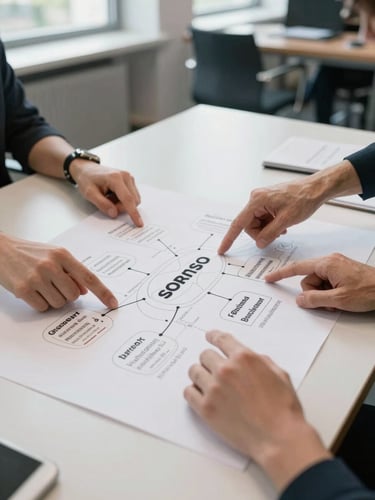 Wide left-bleed shot of a brand strategy workshop in progress — a large printed brand architecture diagram spread across a conference table, hands pointing at strategic nodes, European office interior, north-facing daylight, no faces visible