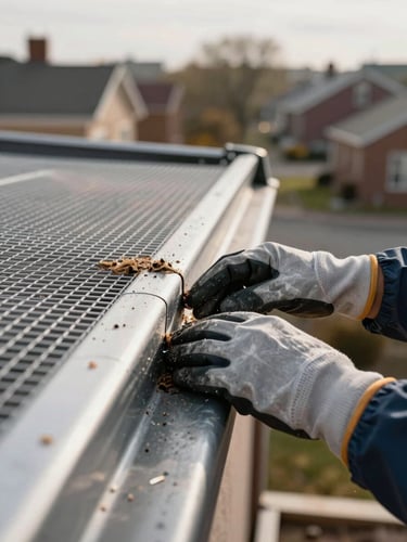 Extreme close-up of gloved hands pressing an aluminum mesh gutter guard into place along a roof edge, morning daylight, visible debris blocked on top of the guard, neighborhood rooflines softly out of focus in the background
