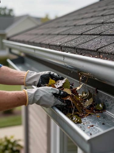 Close-up of gloved hands scooping wet leaves and debris from a residential aluminum gutter, roof shingles visible above, natural daylight from the left, suburban roofline in soft background focus