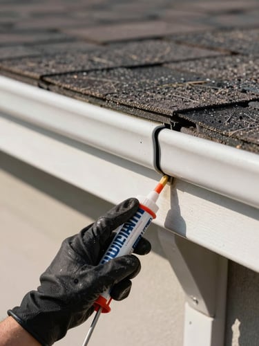 Extreme close-up of gloved hands pressing a gutter joint seal tight against a fascia board, caulking gun visible at the edge, natural daylight, suburban roof shingles visible in upper background