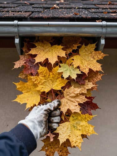 Extreme close-up of gloved hands pulling a dense mat of maple and linden leaves out of an aluminum gutter, daylight from above, rooftop shingles visible at top edge of frame