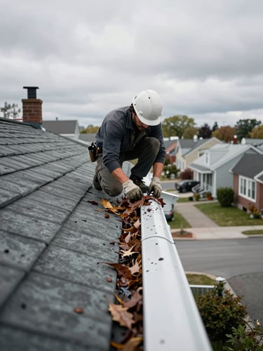 Wide shot from ground level looking up at a residential roofline on the South Shore, a worker in hard hat and gloves crouching on the edge removing wet leaves and debris from a white aluminum gutter, daylight from overcast Quebec sky, neighborhood houses visible in background