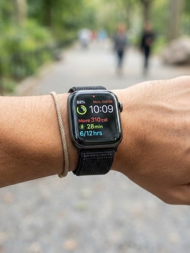 Crisp close-up of a sleek smartwatch on a wrist during a casual morning walk, soft natural daylight, clean neutral tones, 35mm lens
