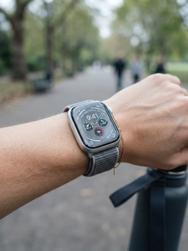A close-up of a sleek silver smartwatch on a wrist during a morning walk, soft natural daylight, cool gray tones, crisp focus on the watch face.
