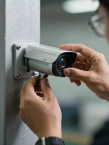 Close-up of a technician's hands securing an industrial-grade security mount to a steel column, high-contrast lighting, sharp focus.