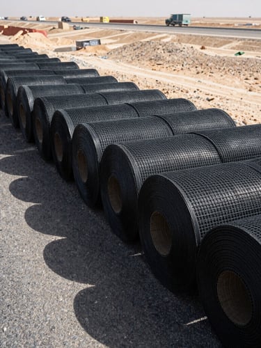 Top-down view of black geogrid rolls stacked on an arid Egyptian highway construction site, intense midday sun casting sharp geometric shadows, desert horizon in background