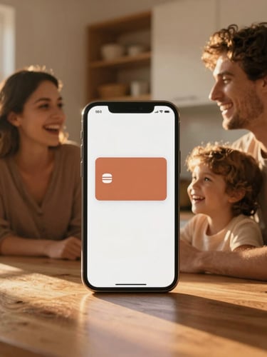 Candid medium shot of a young family laughing together in a sun-drenched, warm kitchen during golden hour, soft shadows, next to a clean mobile mockup showing a warm terracotta digital membership card, 35mm photography.