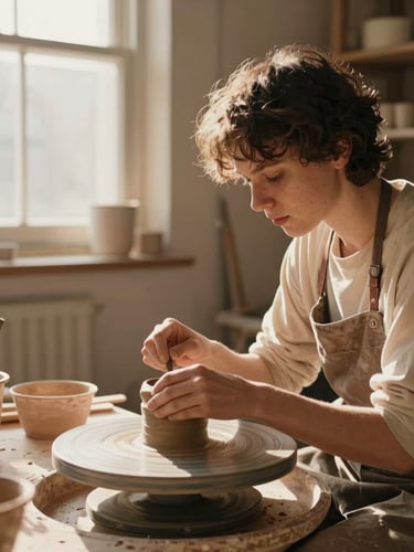 Cinematic portrait of a creator working in a warm, sun-drenched ceramic studio, soft natural light streaming through a window, earthy clay tones, candid, 35mm.