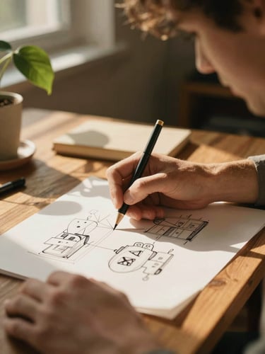 A warm, sun-drenched close-up of a developer sketching ideas on a wooden table, soft golden hour light filtering through green leaves, 35mm film style.