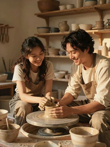Candid, cinematic medium shot of a warm sun-drenched pottery studio, a couple smiling and collaborating over clay, soft golden hour light, 35mm photography.