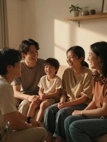 A candid, cinematic medium shot of a young family laughing together in a warm, sunlit living room, soft shadows, natural earth tones.